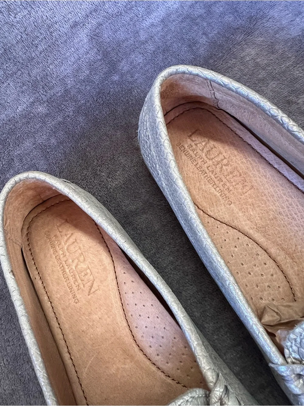 Lauren Ralph Lauren Caliana Snake Embossed Loafers Sz 6 B Leather Silver Soft